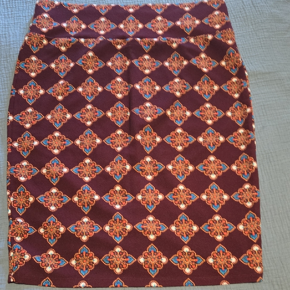 LuLaRoe Burgundy and Orange Cassie Patterned Pencil Skirt Size XL